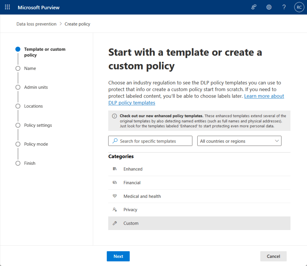 start with a template or create a custom policy