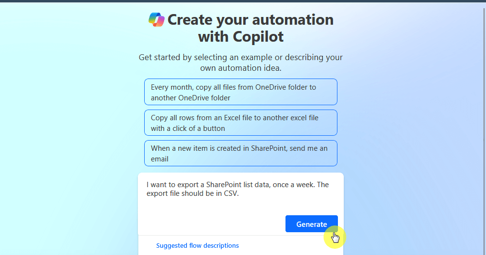 generate a flow to export a list with copilot
