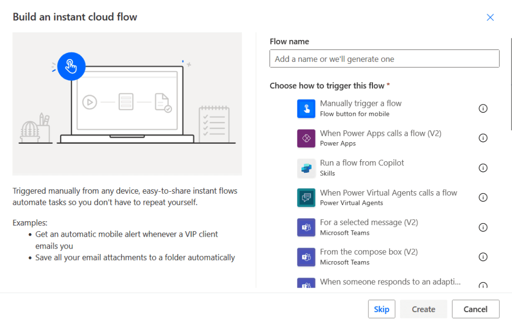 build an instant cloud flow