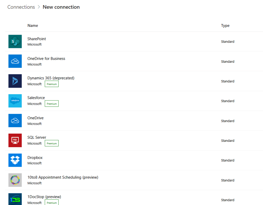 new connection page in power automate
