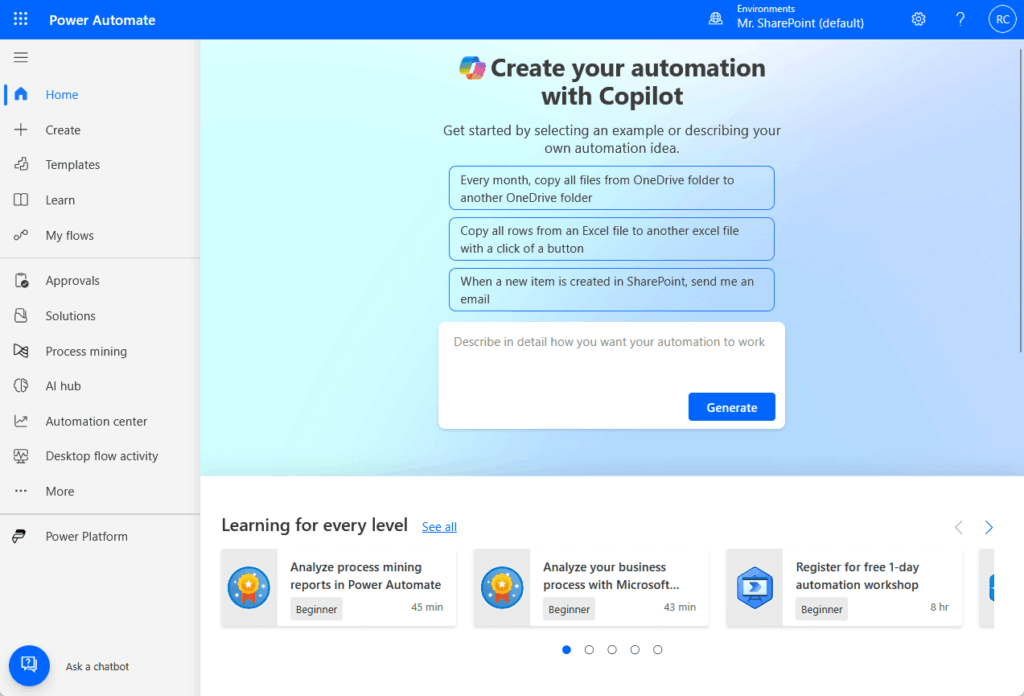 power automate home interface