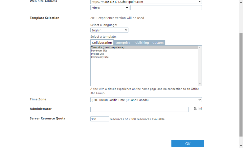 A SharePoint setup page showing fields for site address, template language, template selection, time zone, administrator, and server resource quota, with an OK button at the bottom right.