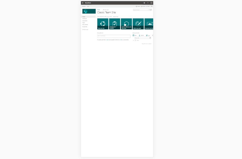 A SharePoint site page titled Classic Team Site displays navigation tiles for Documents, Notebooks, Pages, Site Contents, and Recycle Bin, with a simple white background and sidebar menu on the left.