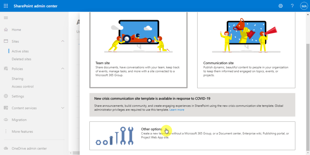 How to create a new SharePoint site without a Microsoft 365 Group