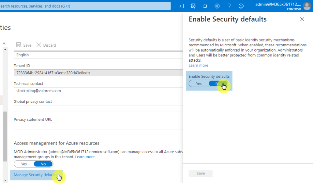 Manage Security Defaults on Azure