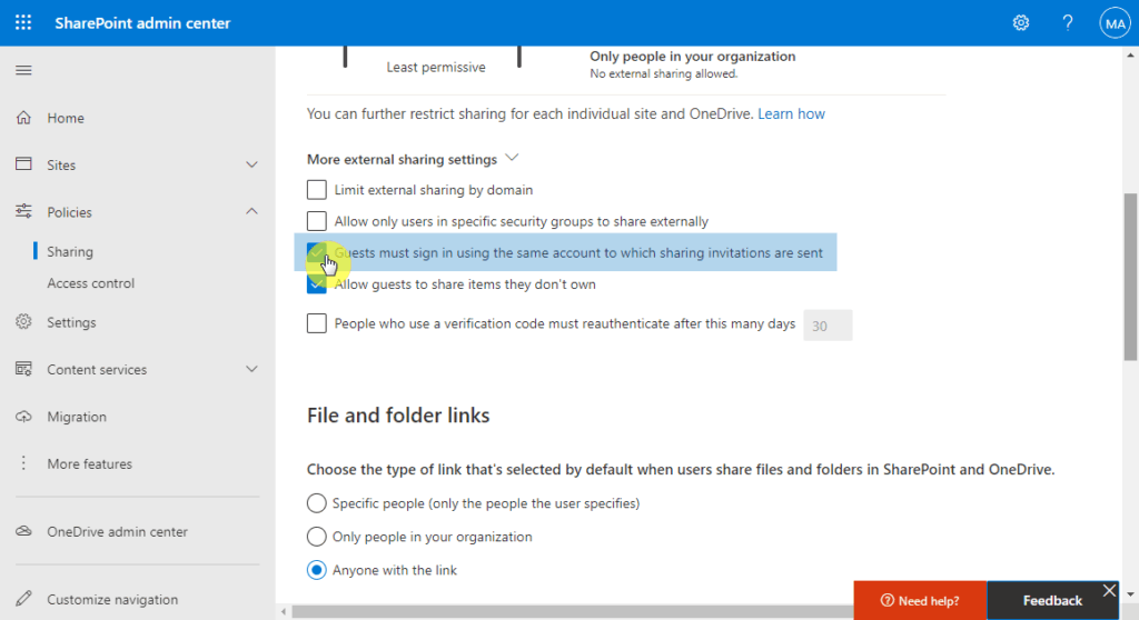 Setting to force guests to sign in with the same account the invitation was sent to.