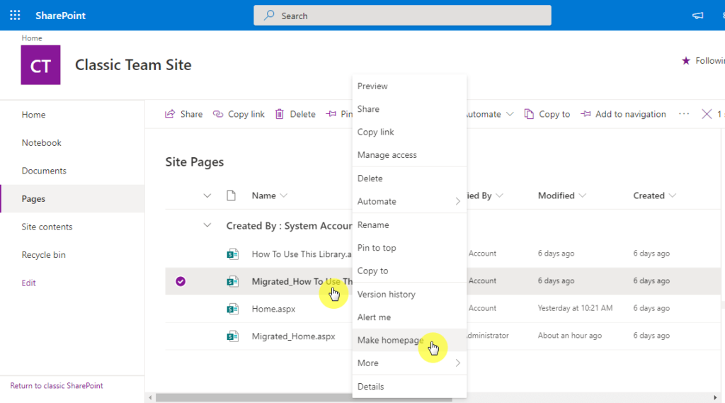 How to make a site page the homepage in SharePoint