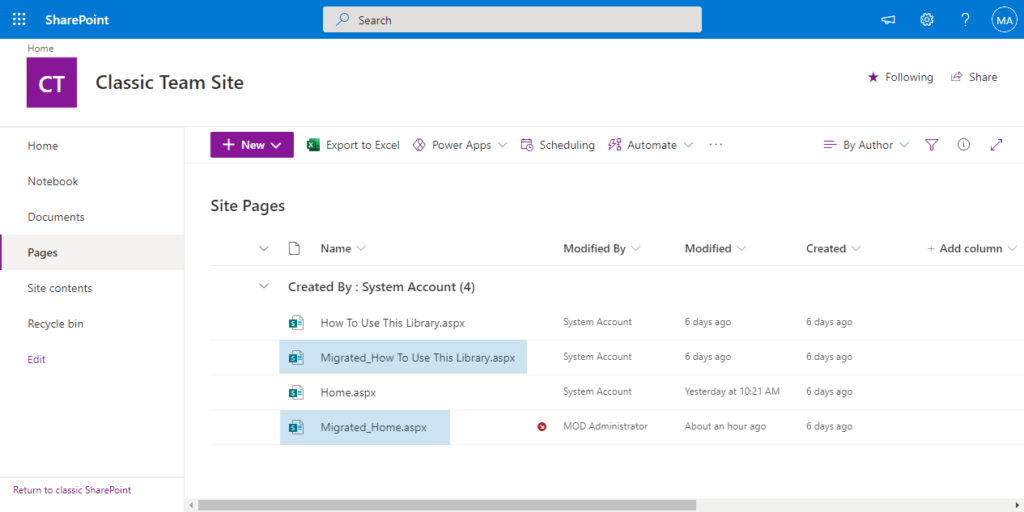 Migrated pages after modernizing a classic SharePoint site