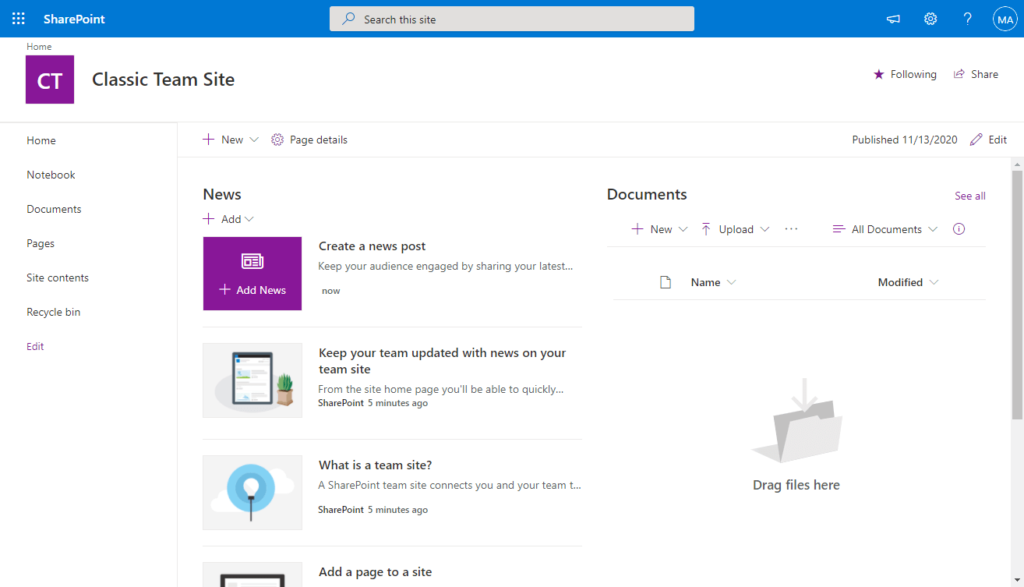 Screenshot of a SharePoint Classic Team Site showing navigation links on the left, news posts in the center, and a documents section on the right with options to upload or create new files.
