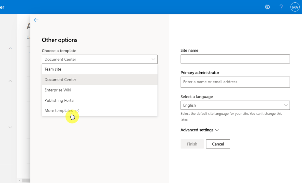 A user selects Document Center from a dropdown menu under Choose a template on a SharePoint site creation page, with additional fields for site name, administrator, language, and advanced settings visible.