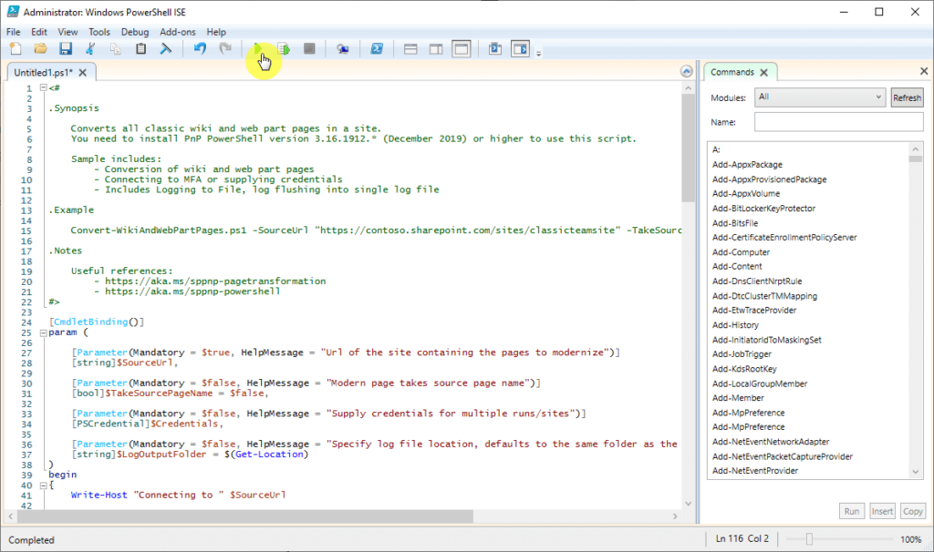 A screenshot of Windows PowerShell ISE displaying a script for modernizing SharePoint pages, with code highlighted, a toolbar at the top, and a Commands panel listing SharePoint-related cmdlets on the right.