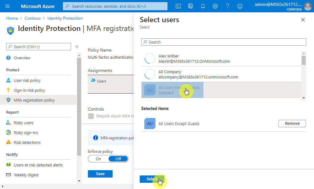 Select users for the MFA registration policy