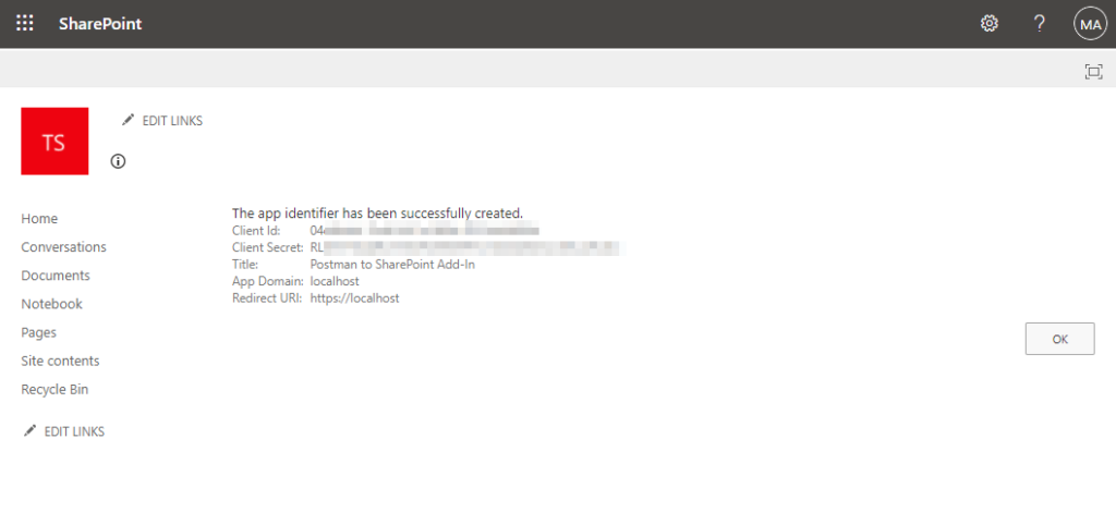 SharePoint will notify you if the app identifier was created successfully
