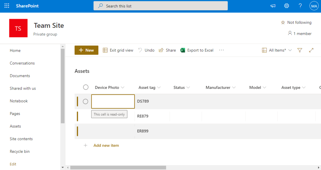 An asset list on a SharePoint Online site
