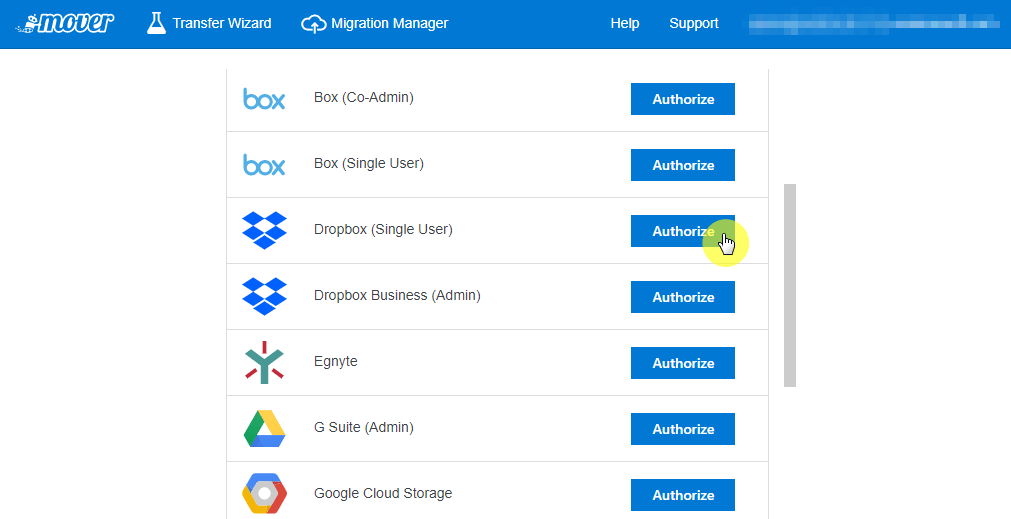 Click on the "Authorize" button for the cloud service that you're migrating from
