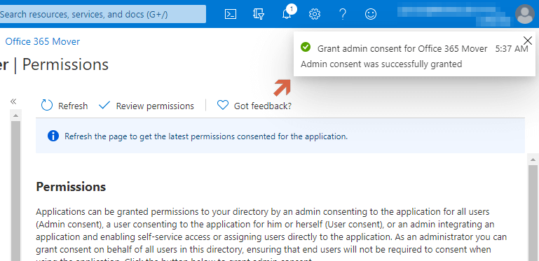 Microsoft Azure notifies if the permission grant was successful
