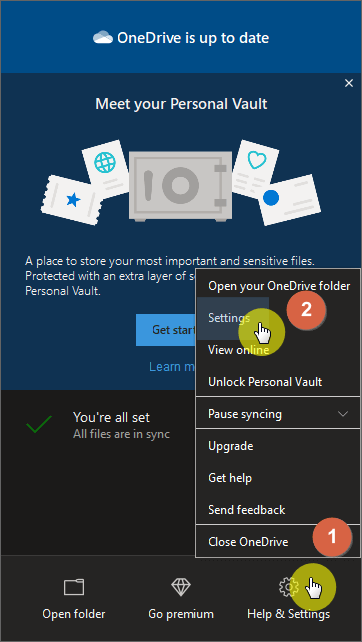 Open the OneDrive application and click the help and settings option