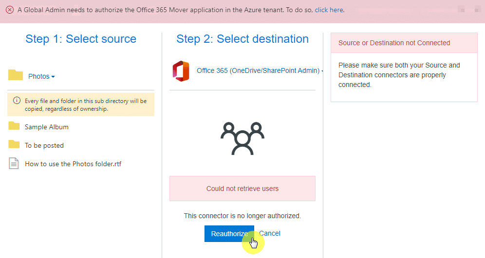 Reauthorize the connection between Mover and SharePoint
