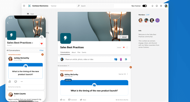 Screenshot showing a corporate social platform named “Sales Best Practices” with a lightbulb cover image, member count, group details, posts, and comments displayed on both desktop and mobile views.