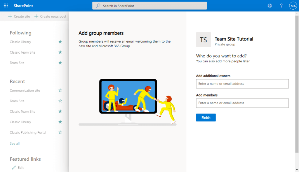 A SharePoint page showing options to add group members, with a graphic of people helping each other and a form to add emails for additional members on the right. The left sidebar displays navigation links.