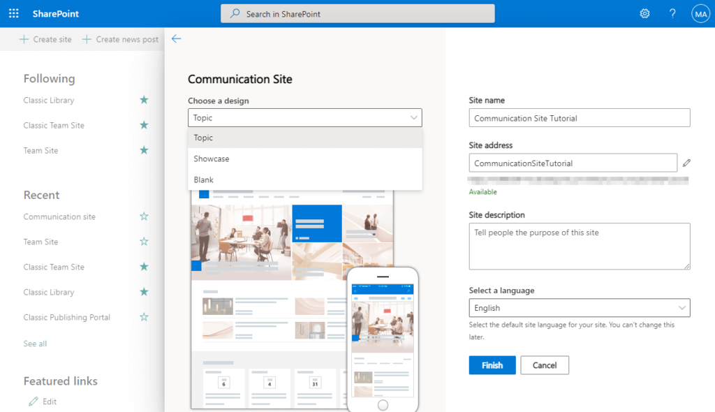 SharePoint site creation screen showing options to choose a design, input site name, site address, description, and select a language; sample site preview and menu visible on the left.
