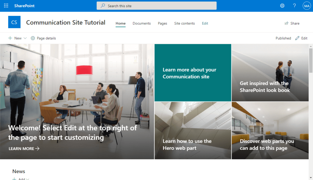 Screenshot of a SharePoint Communication Site homepage showing navigation tabs, sections for editing and customizing, and feature tiles about using the site and its web parts. Several people are collaborating in an office meeting room.