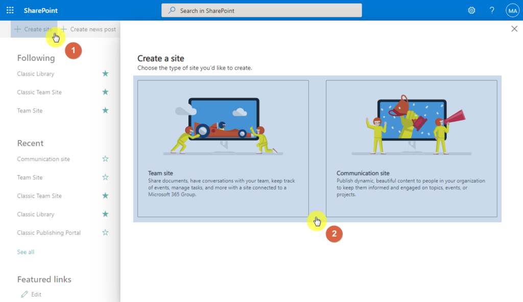Select the type of modern site to create
