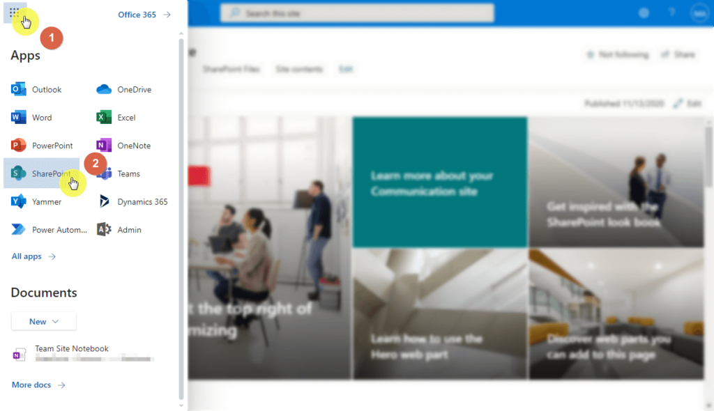 Open SharePoint from the quick launcher

