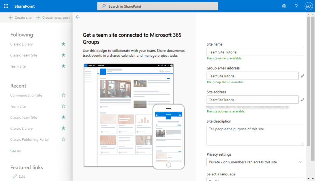 A SharePoint setup page shows a preview of a team site on desktop and mobile. The right side has fields for site name, group email, site address, description, and privacy settings. The left menu lists libraries and recent sites.