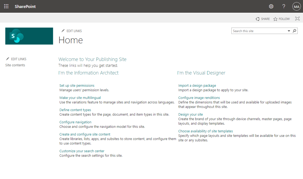 Screenshot of a SharePoint Publishing Site home page featuring two main sections: Information Architect and Visual Designer, each with links for setting permissions, navigation, page design, and site content management.