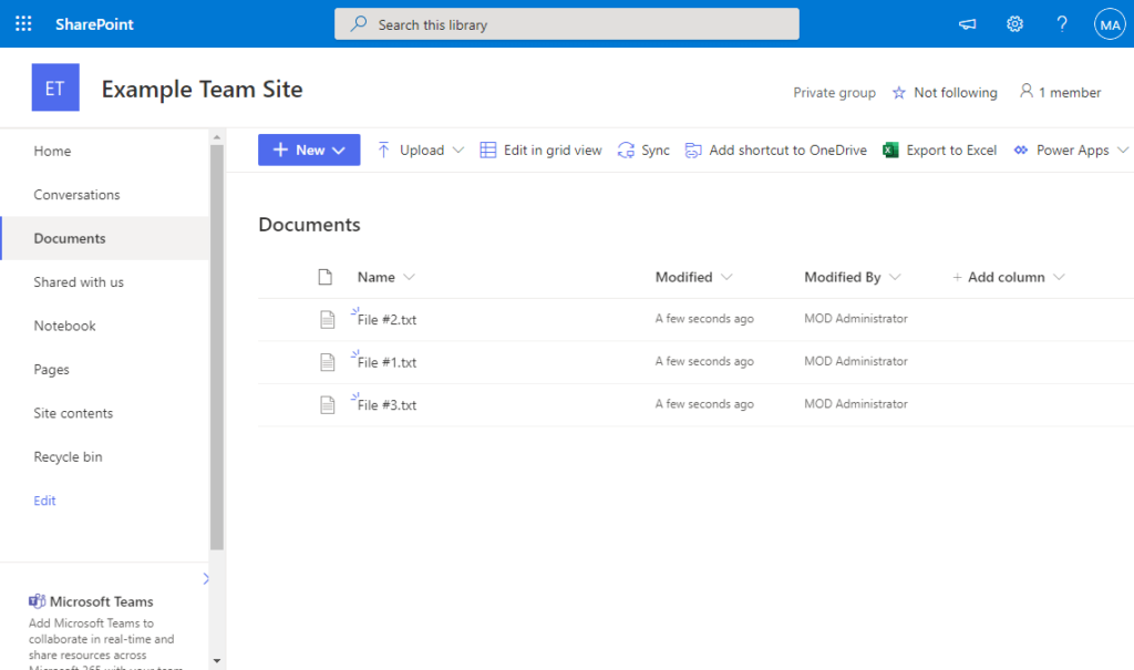 A SharePoint site titled Example Team Site displays the Documents library with three files named File #1.txt, File #2.txt, and File #3.txt, all modified by MOD Administrator.