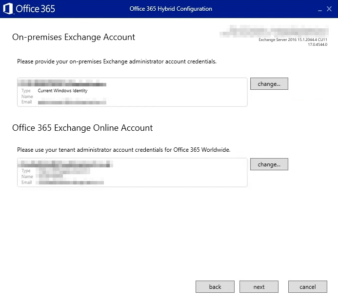 Provide on-premises Exchange administrator account credentials