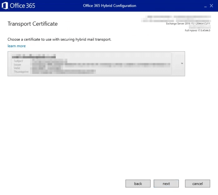 Transport Certificate - Office 365 Hybrid Configuration