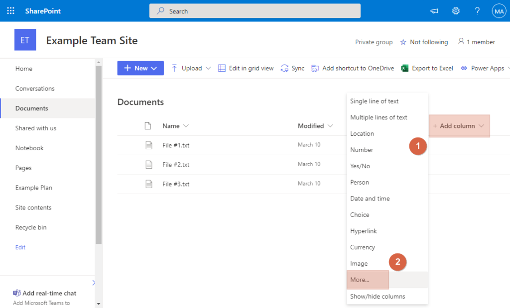 Add Column > More on SharePoint Document Library