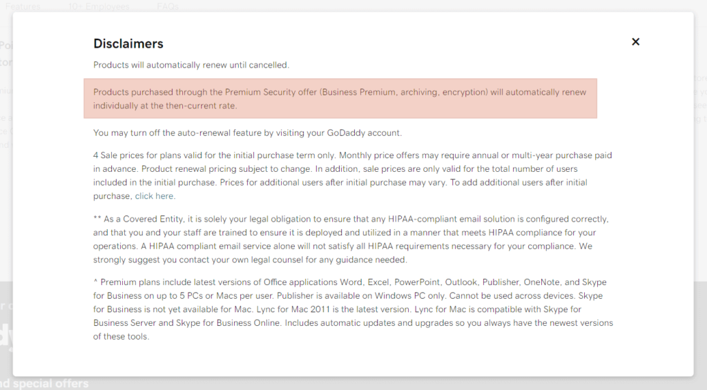 Disclaimer From GoDaddy on Office 365 Products