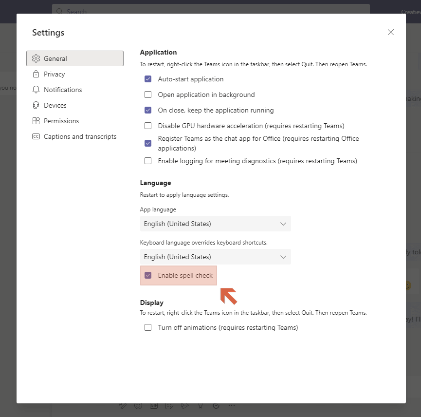 How to enable spell check on Teams