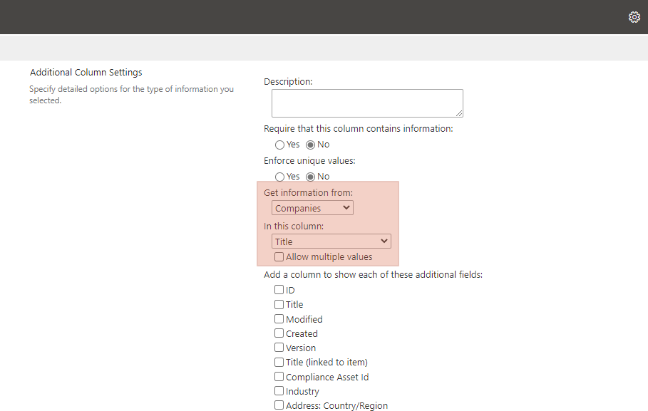 Configuring the lookup column.

