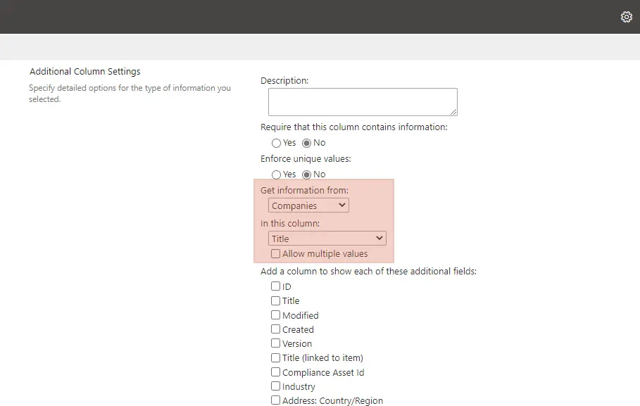 Configuring the lookup column.
