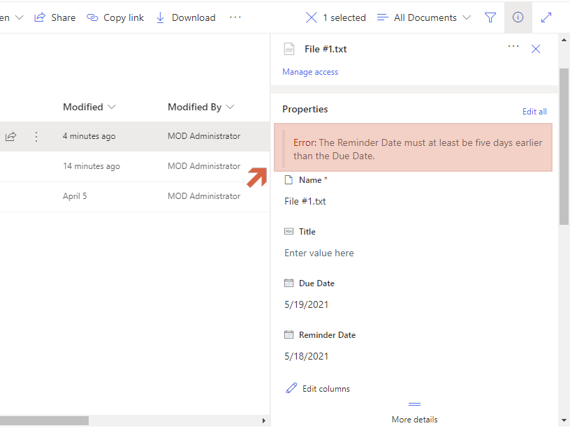 How a list validation user message is displayed