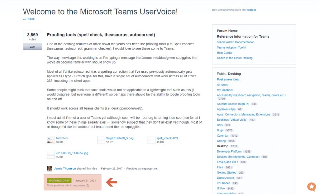 Request for additional spell check features via Microsoft Teams User Feedback Forum
