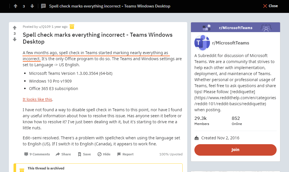 A complaint about spell check error on Microsoft Teams via r/MicrosoftTeams