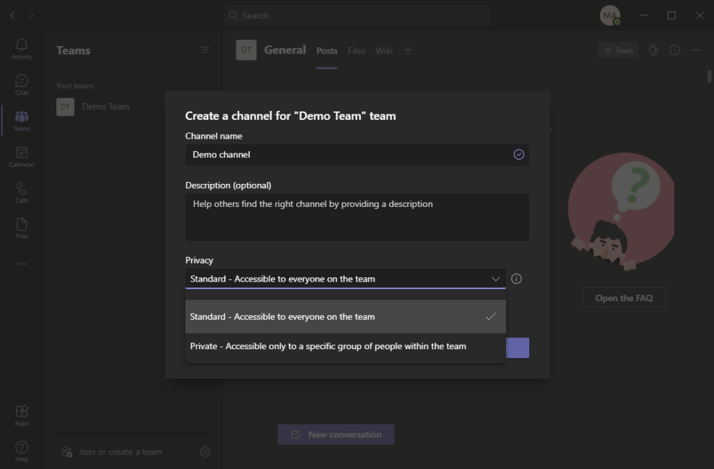How to create a channel in Teams
