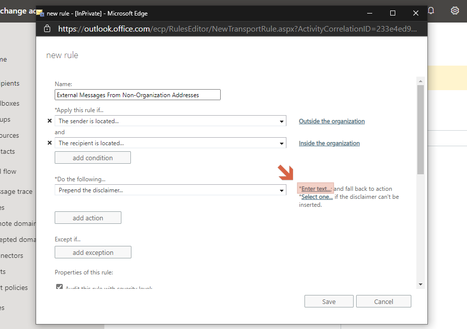 You can find the "Enter text" link beside the option where you selected the prepend the disclaimer option.
