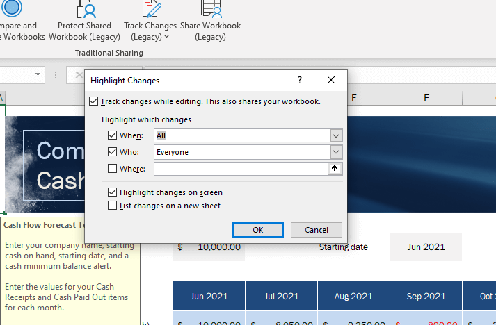 Enable the when and who options so Excel would take note of those details.