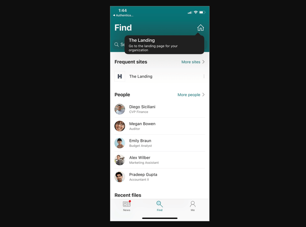 A mobile app screen displays a Find page with a search bar, frequent sites, and a highlighted tip: The Landing. Go to the landing page for your organization. Below are people and recent files sections.