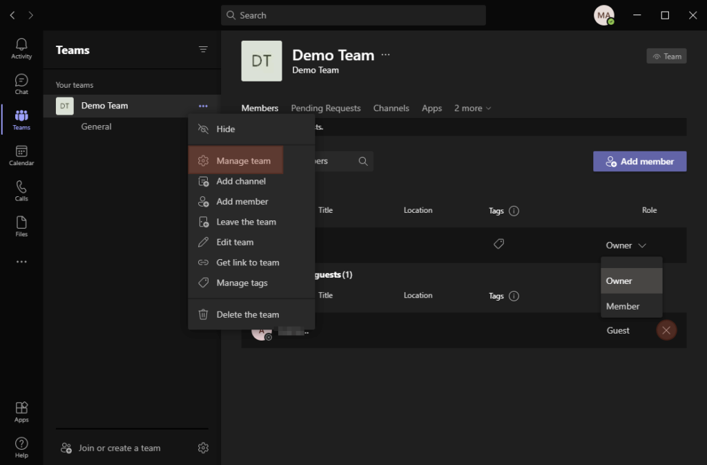 How to manage team in Microsoft Teams