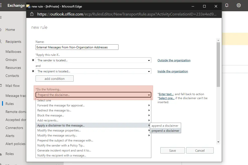 To select the prepend the disclaimer option, you must first hover your mouse over the apply a disclaimer to the message option.