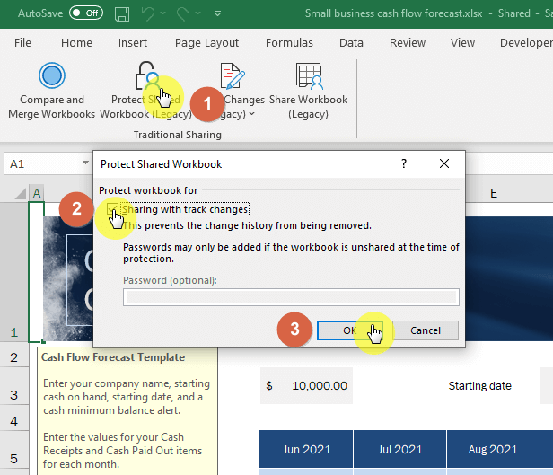 Activate the sharing with track changes option and click the okay button.