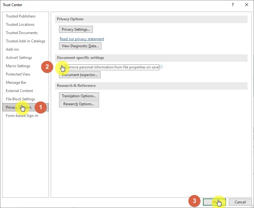 Uncheck the appropriate box to remove personal information when saving.