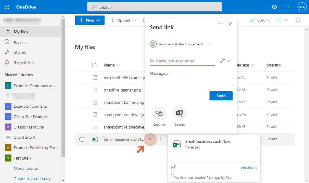 Hover your mouse first on the file and click the share button beside the filename.